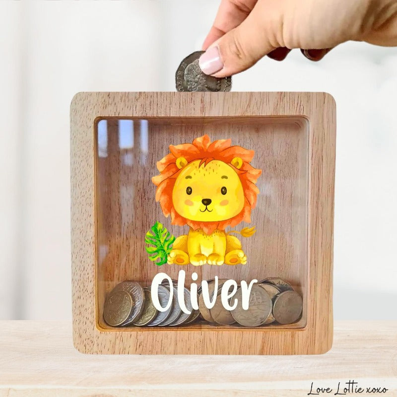 Personalised Money Box Gift - Printed Design with Custom Name - Custom Baby Gift - Lion