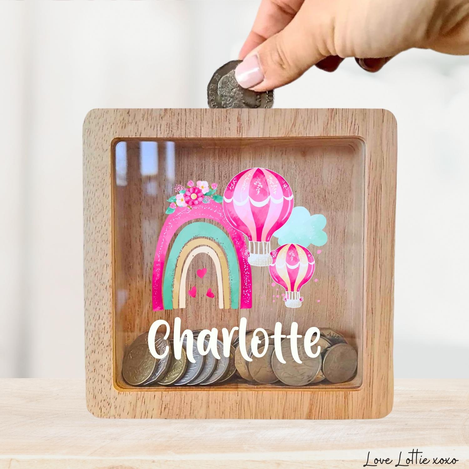 Personalised Money Box Gift - Printed Design with Custom Name - Custom Baby Gift - Pink Balloon