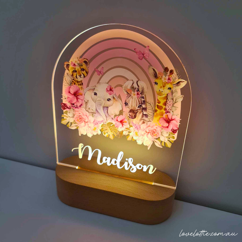 Personalised Baby Gifts Night Light for Kids - Printed Pink Jungle Animals