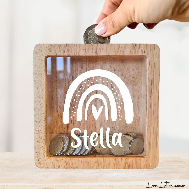 Personalised Money Box Gift - Rainbow Design with Custom Name - Custom Baby Gift