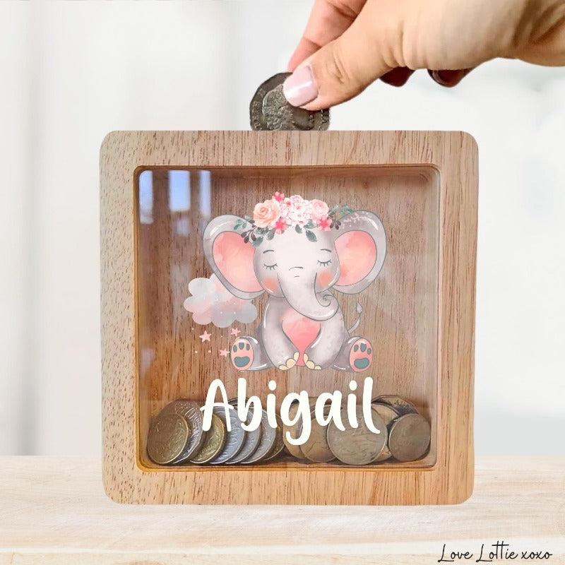Personalised Money Box Gift - Printed Design with Custom Name - Custom Baby Gift - Pink Elephant
