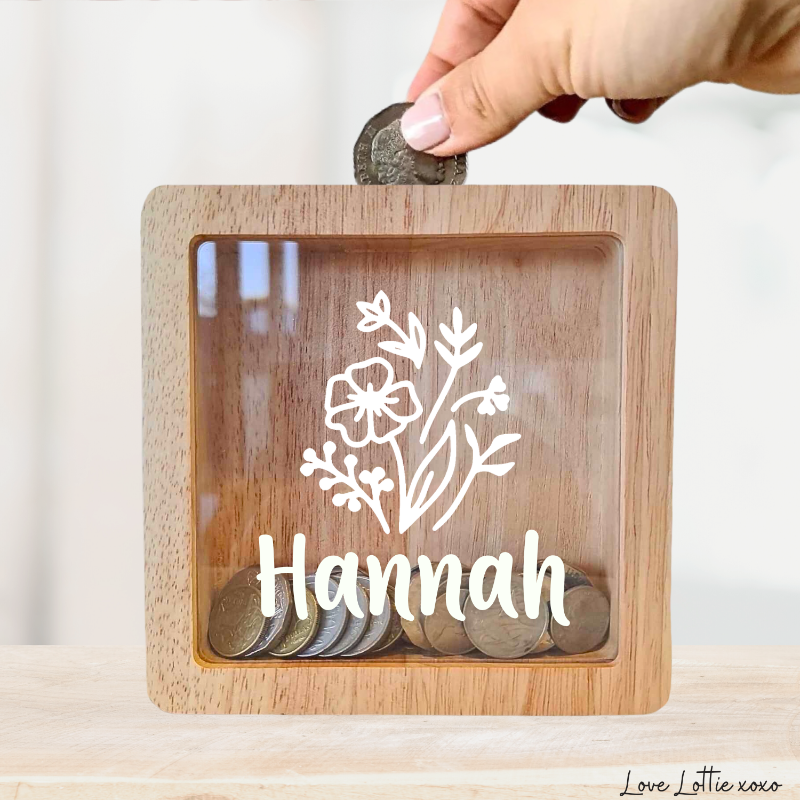 Personalised Money Box Gift - Flowers Design with Custom Name - Custom Baby Gift