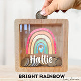 Personalised Money Box Gift - Printed Design with Custom Name - Custom Baby Gift - Bright Rainbow