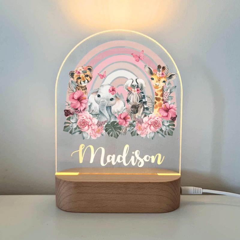 Personalised Baby Gifts Night Light for Kids - Printed Pink Jungle Animals