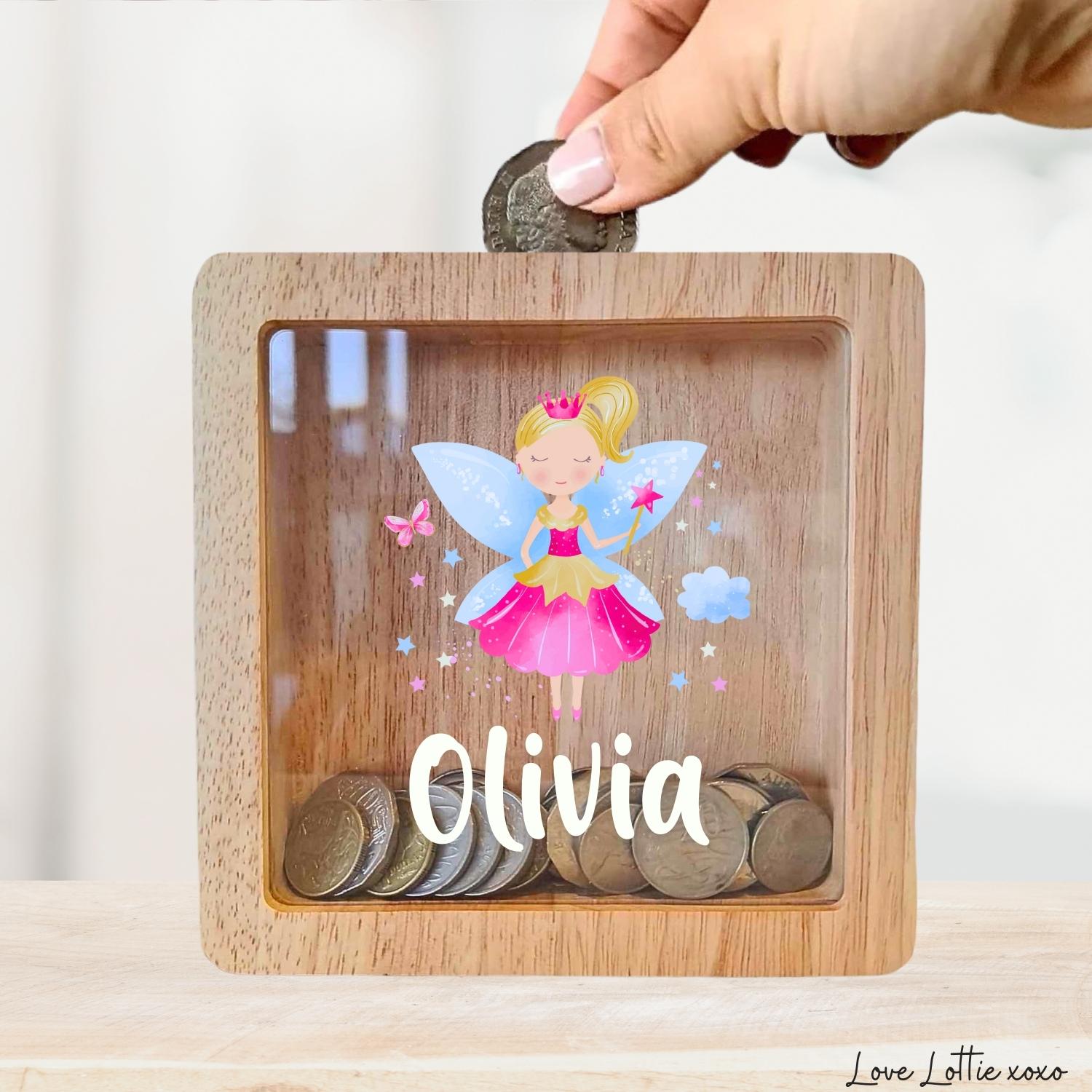 Personalised Money Box Gift - Printed Design with Custom Name - Custom Baby Gift - Fairy
