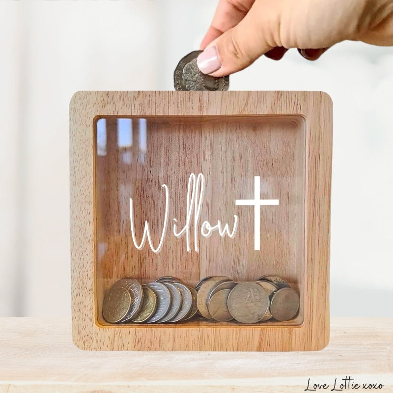 Personalised Money Box Gift - Custom Name with Cross Design - Custom Baby Gift