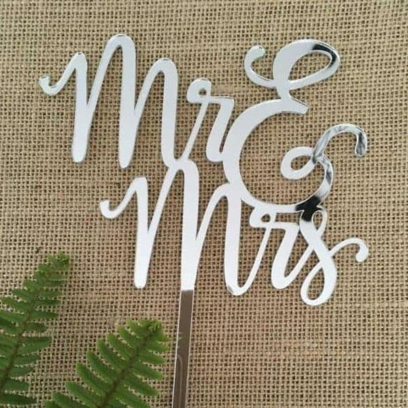 Mr & Mrs (two lines) Acrylic Silver Mirror Wedding Cake Topper