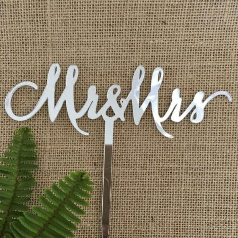 Mr & Mrs (single line) Acrylic Silver Mirror Wedding Cake Topper