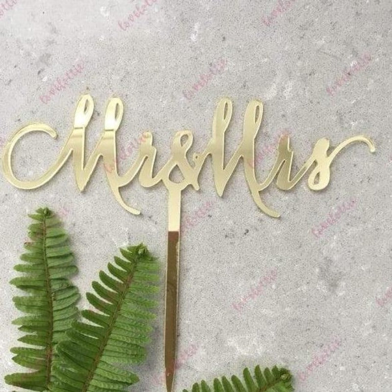 Mr & Mrs (single line) Acrylic Gold Mirror Wedding Cake Topper