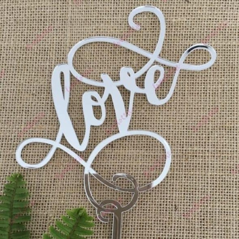 Love (swirl) Acrylic Silver Mirror Engagement Wedding Cake Topper