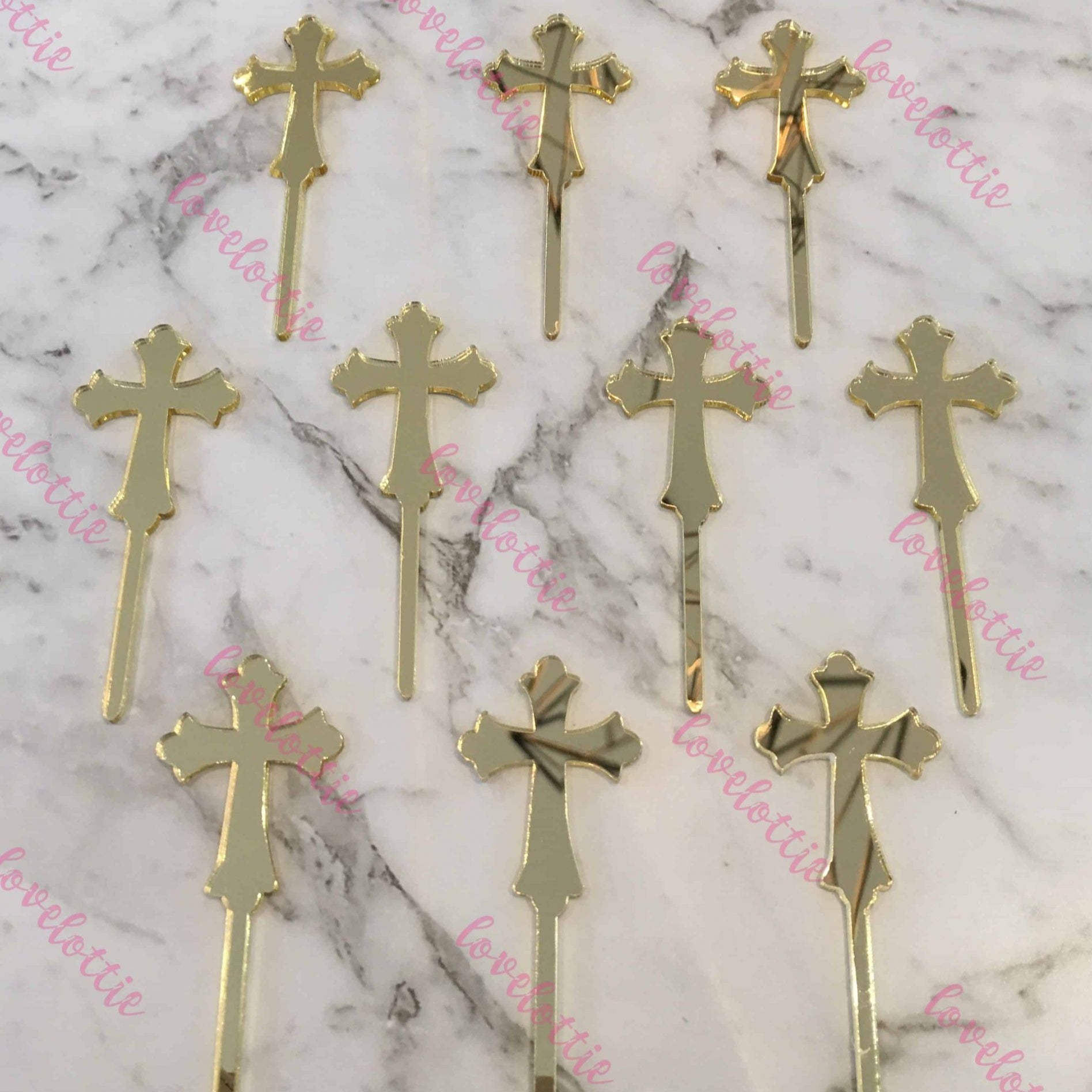 10 x Cross Acrylic Gold Mirror Christening Baptism Cupcake Topper