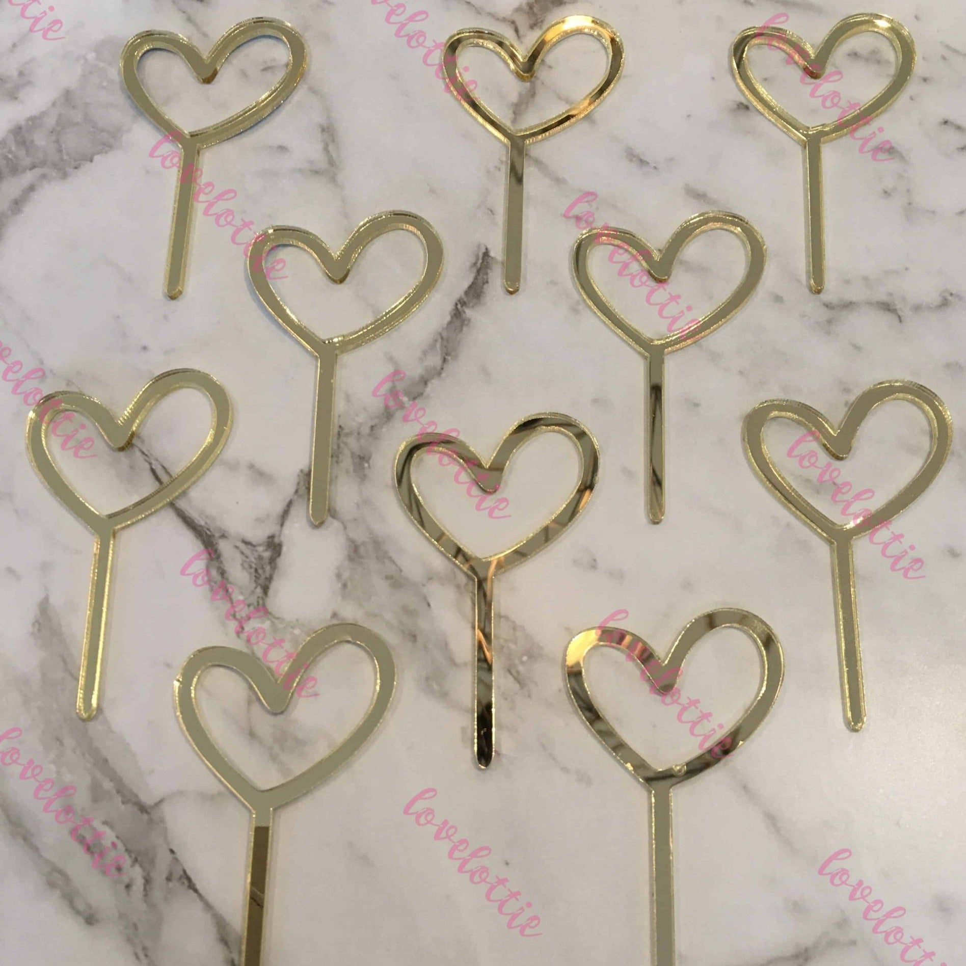 10 x Heart Acrylic Gold Mirror Cupcake Topper For Wedding and Engagement