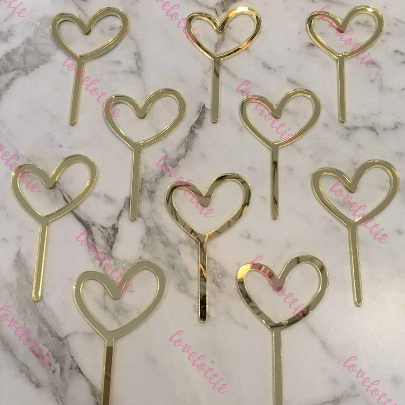 10 x Heart Acrylic Gold Mirror Cupcake Topper For Wedding and Engagement