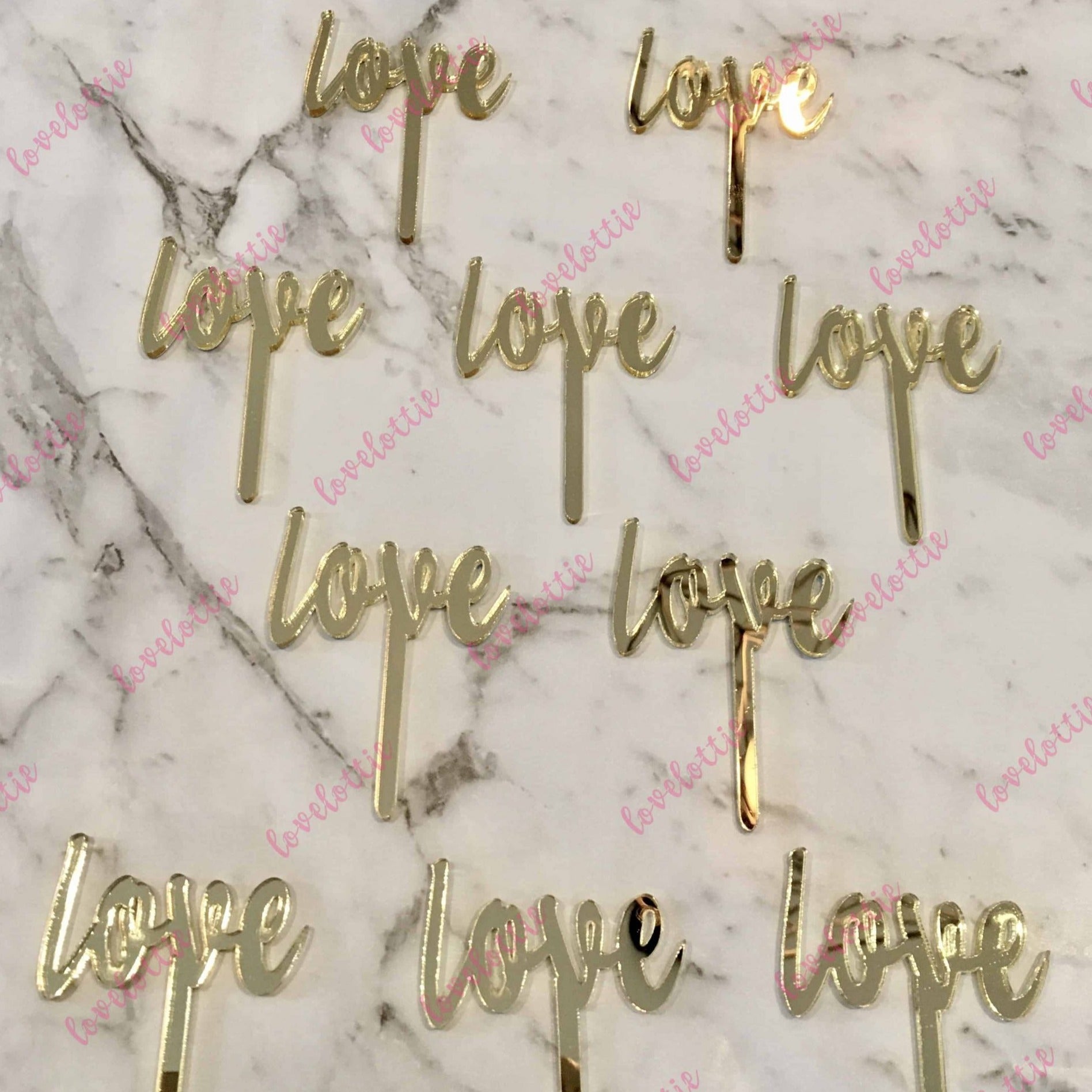 10 x Love Acrylic Gold Mirror Cupcake Topper For Wedding and Engagement