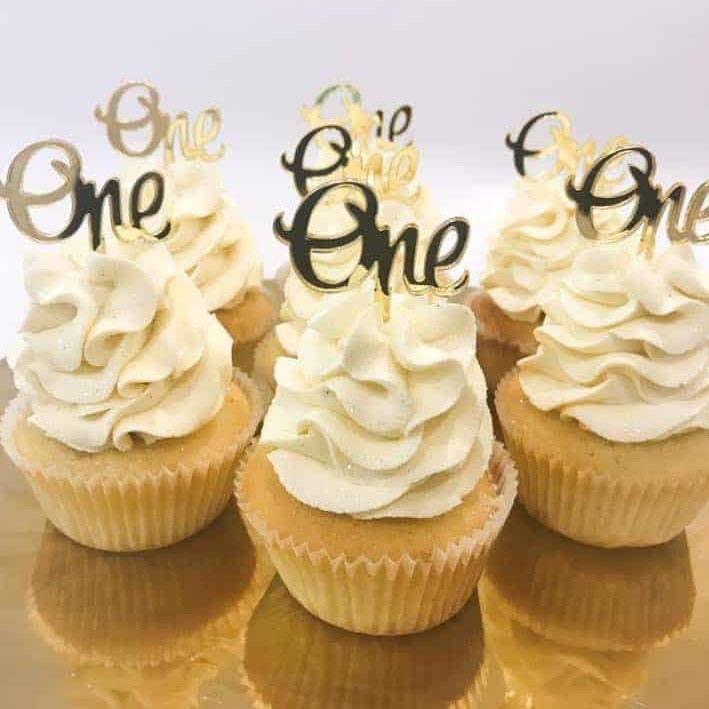 10 x One 1st Birthday Acrylic Gold Mirror Cupcake Topper