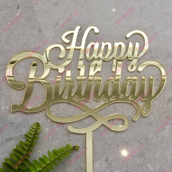 Happy Birthday Swirl Acrylic Gold Mirror Birthday Party Cake Topper