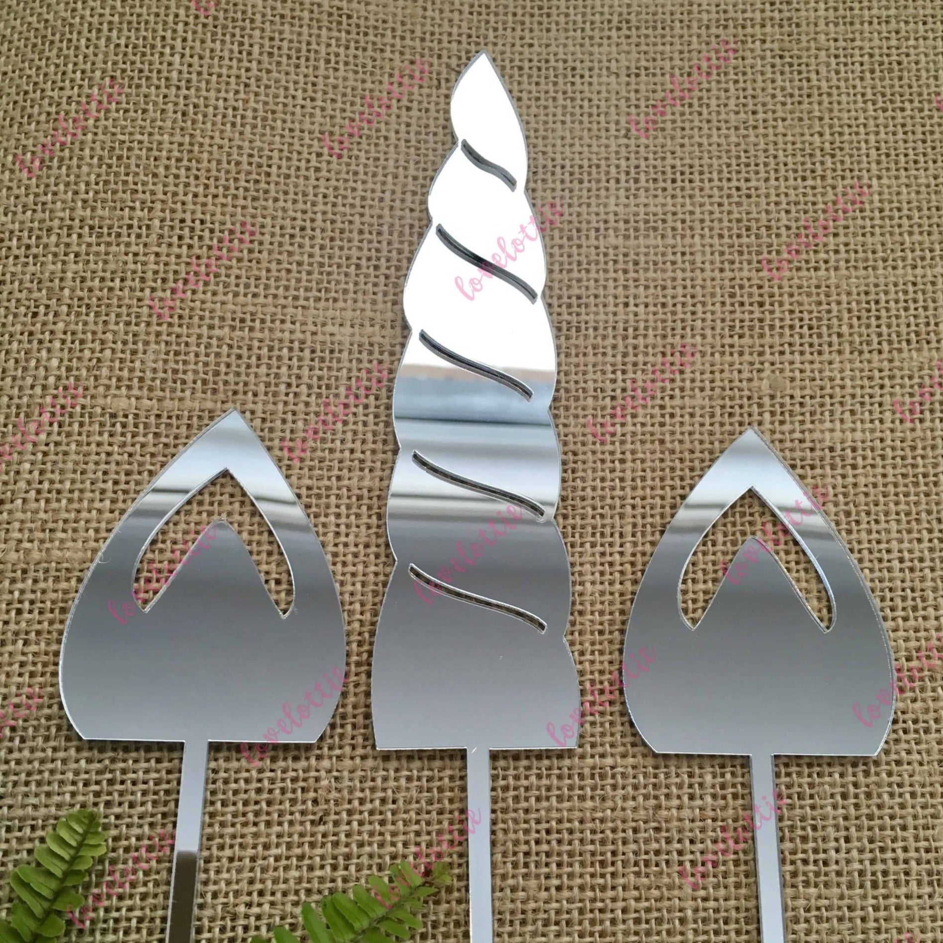 Unicorn Horn Ears Set Acrylic Silver Mirror Birthday Party Cake Topper