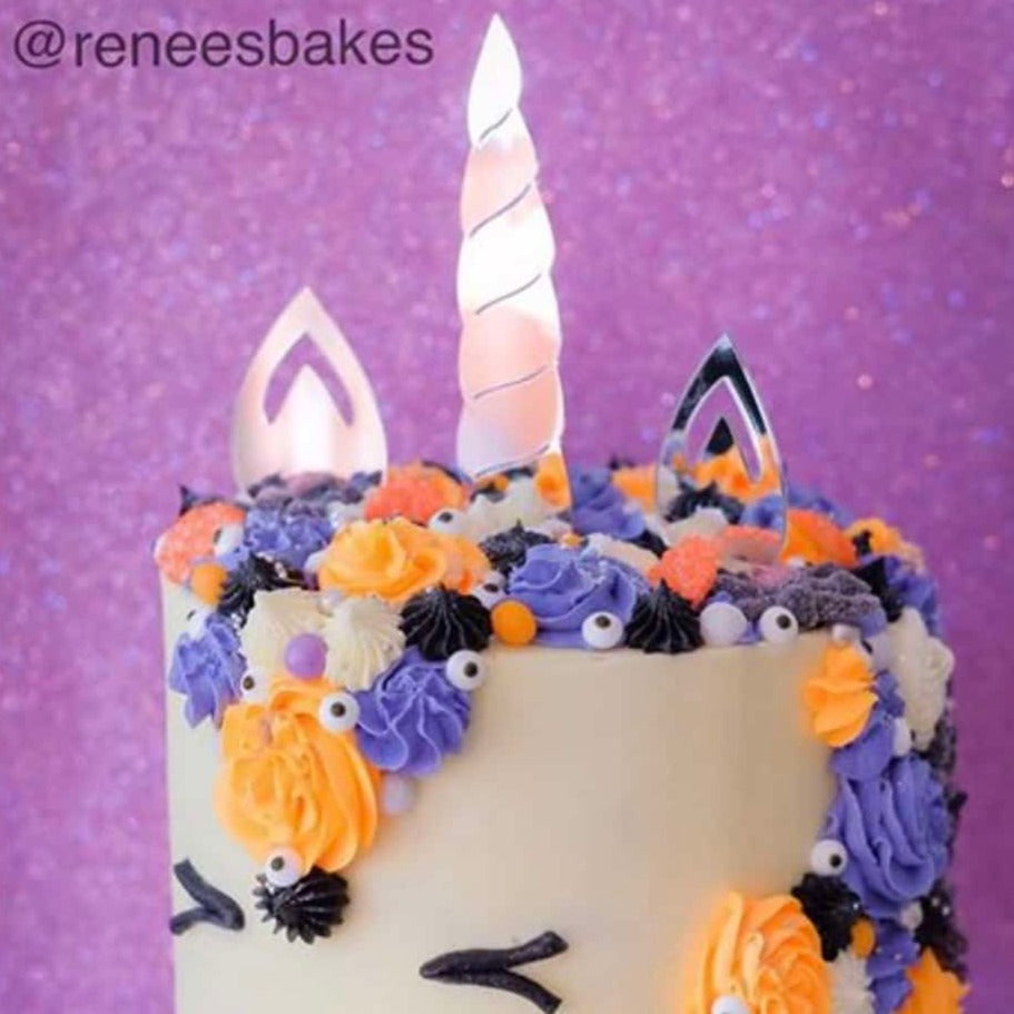 Unicorn Horn Ears Set Acrylic Silver Mirror Birthday Party Cake Topper