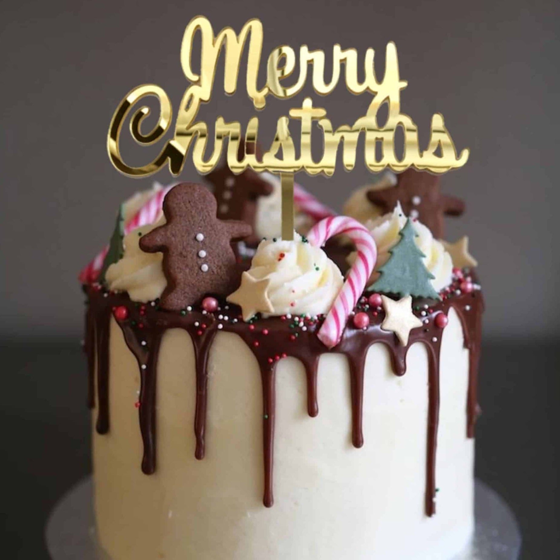 Script Merry Christmas Cake Topper Acrylic Gold Mirror