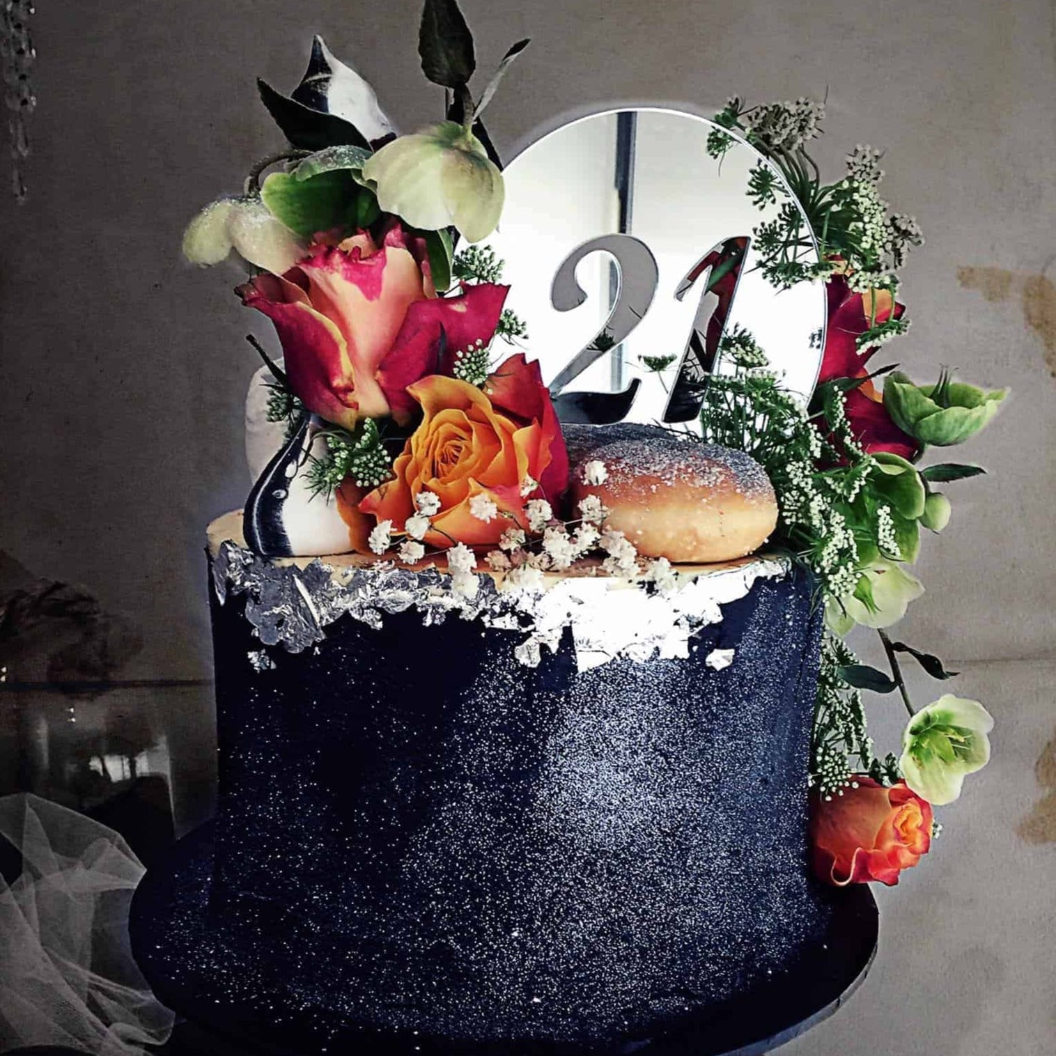 21st Birthday Acrylic Silver Mirror Round Cake Topper