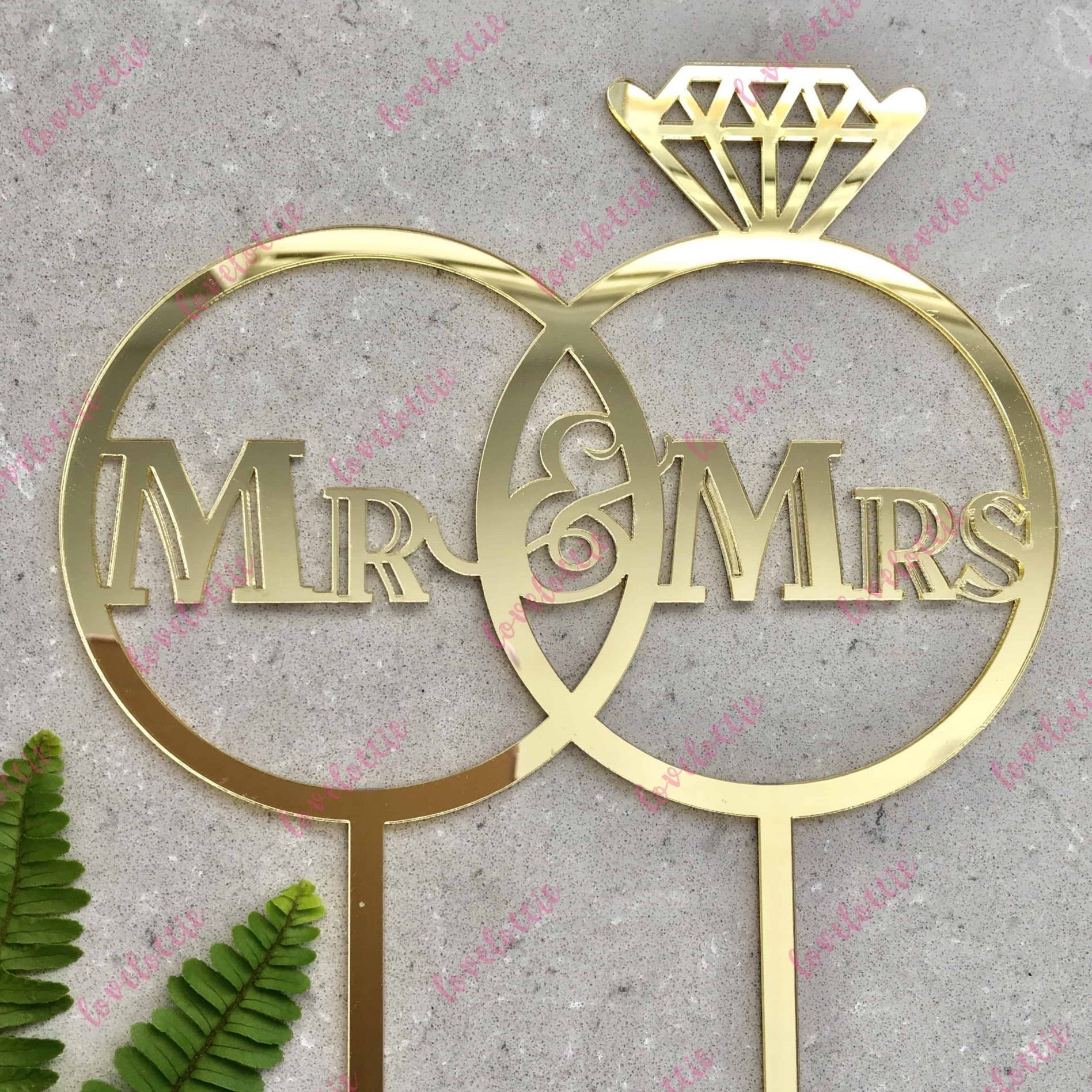 Mr & Mrs Wedding Rings Gold Mirror Acrylic Cake Topper