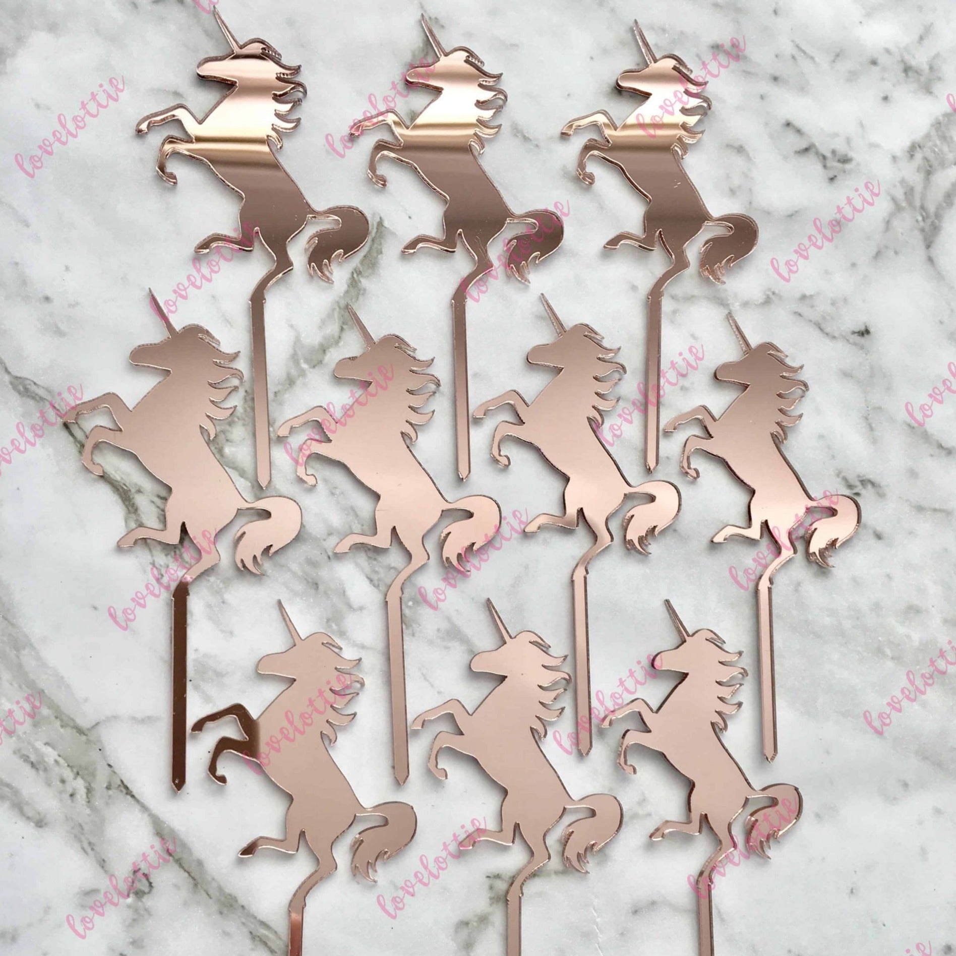 10 x Unicorn Cupcake Rose Gold Mirror Acrylic Brithday Cake Topper
