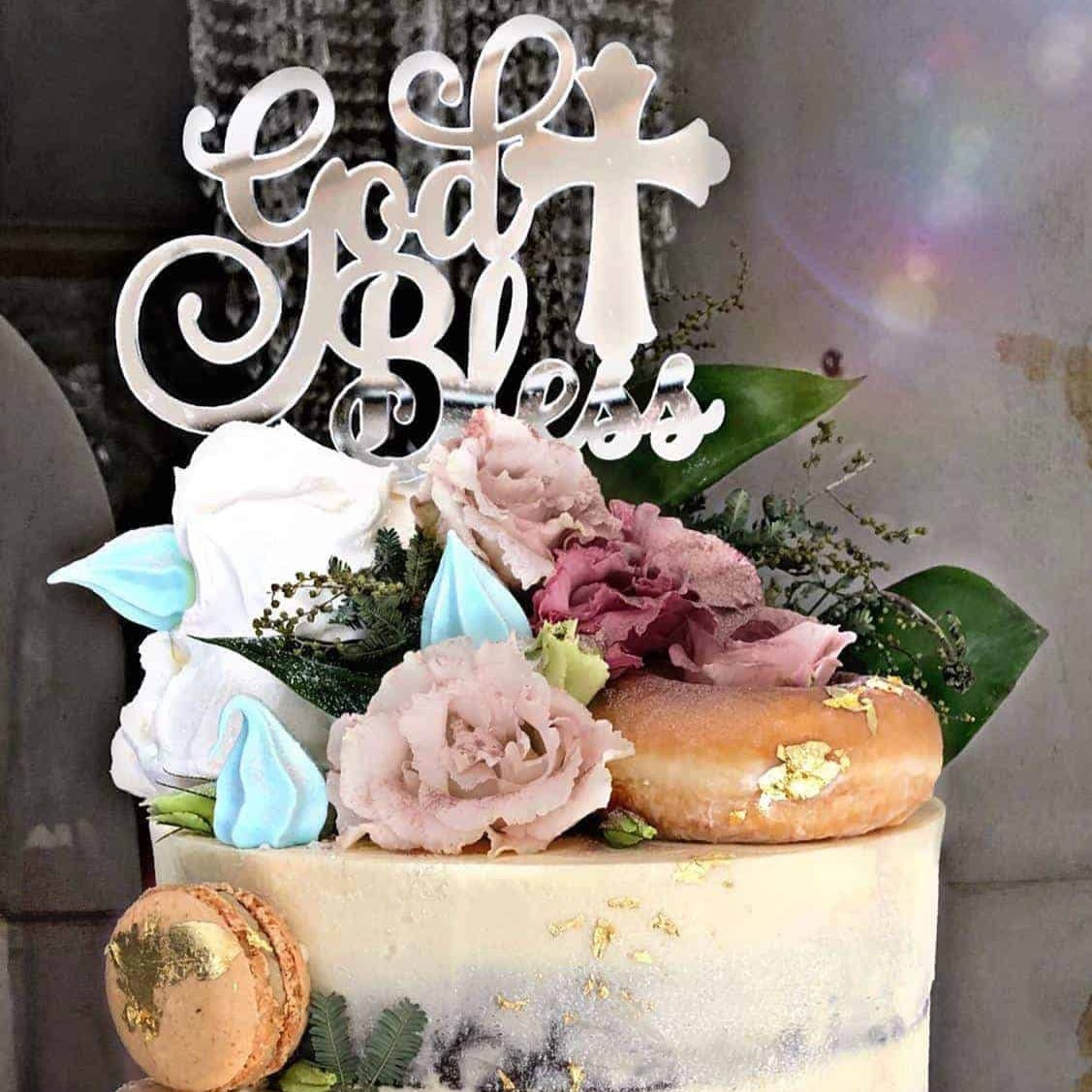 God Bless Acrylic Silver Mirror Christening Baptism Communion Cake Topper