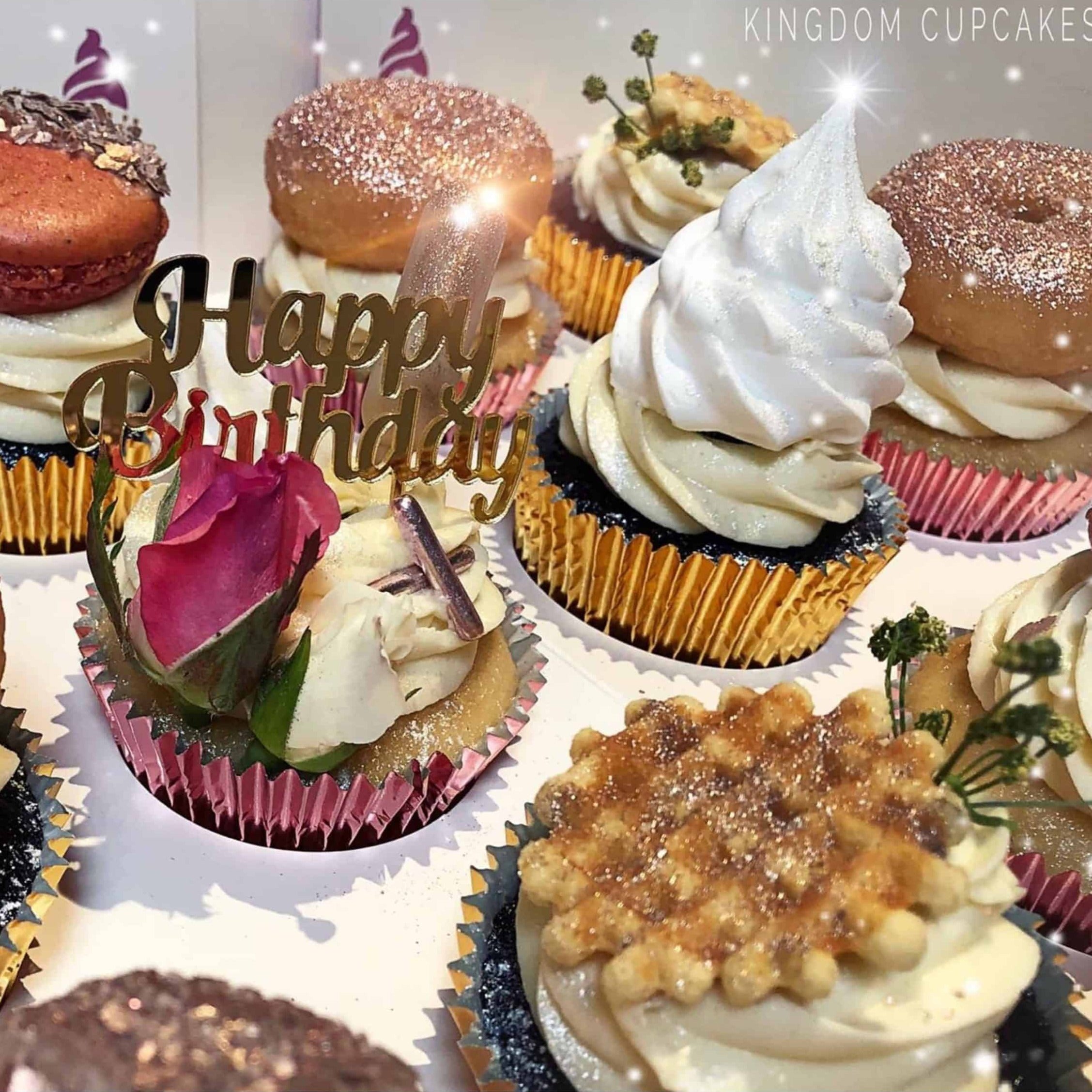 10 x Happy Birthday Acrylic Gold Mirror Cupcake Topper