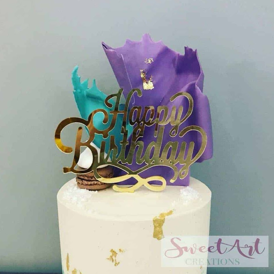 Happy Birthday Swirl Acrylic Gold Mirror Birthday Party Cake Topper