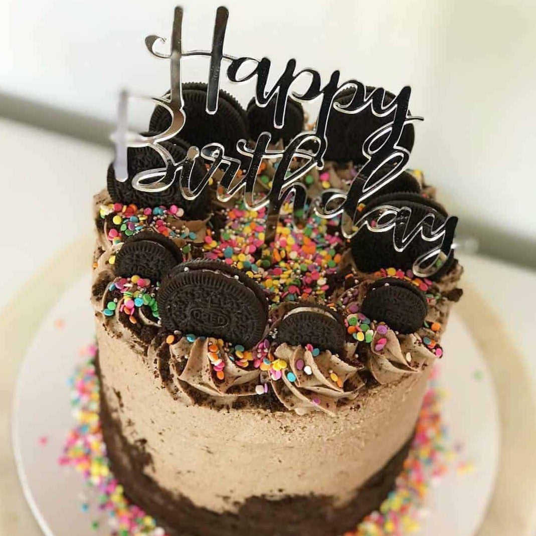 Happy Birthday Acrylic Silver Mirror Birthday Party Cake Topper