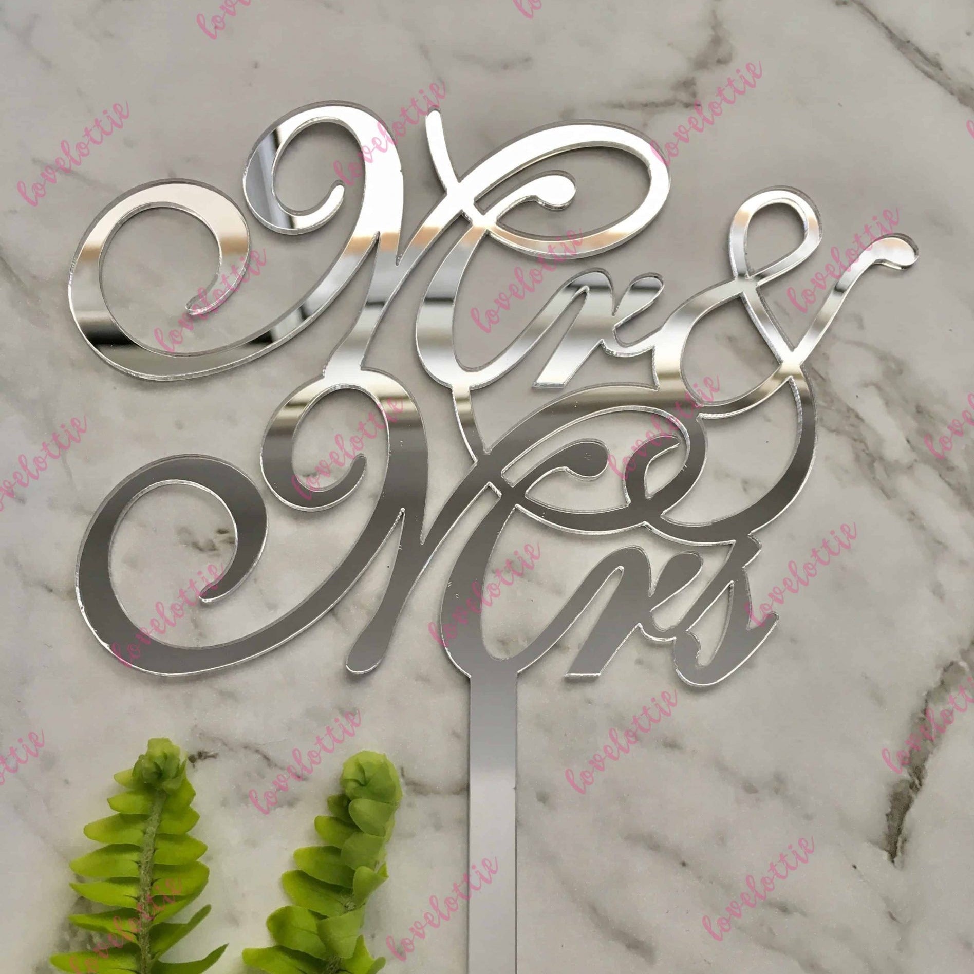 Mr & Mrs Script Acrylic Silver Mirror Wedding Cake Topper
