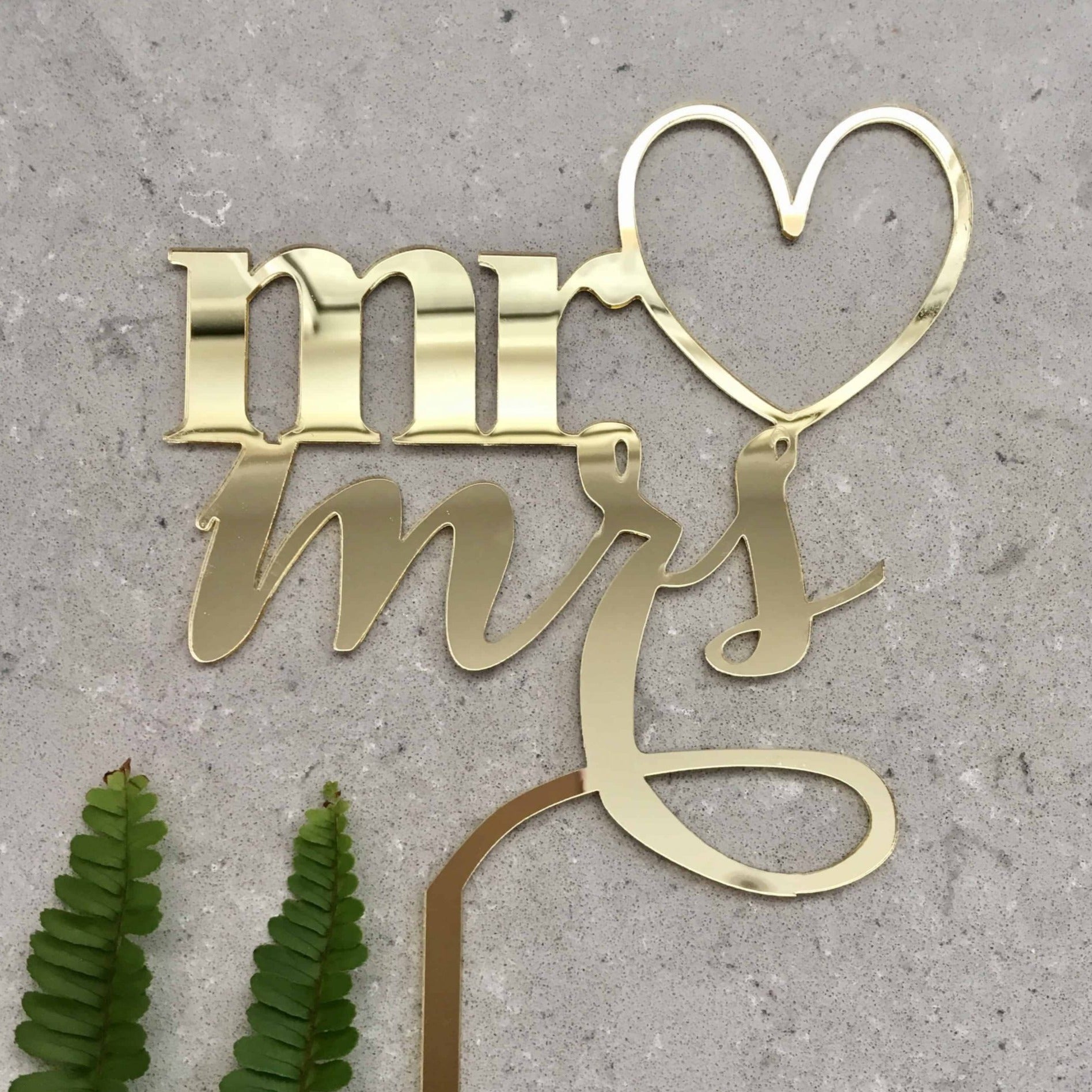Mr & Mrs Heart Acrylic Gold Mirror Wedding Cake Topper