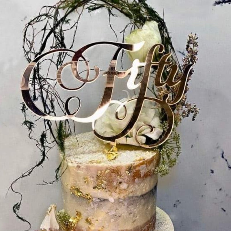 Fifty Swirl Acrylic Gold Mirror 50th Birthday Cake Topper