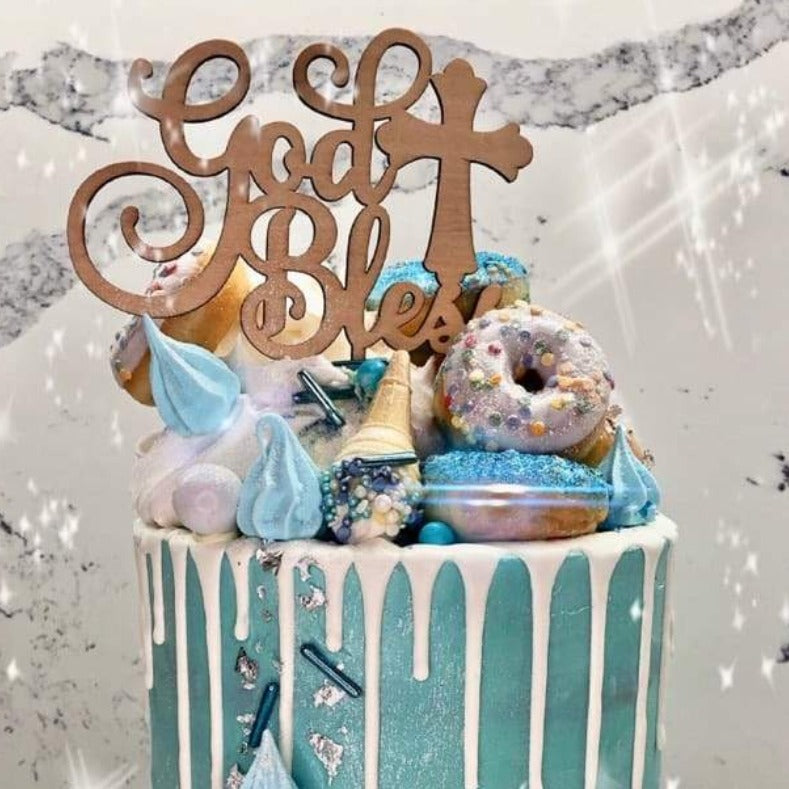 God Bless Rustic Wood Christening Baptism Communion Cake Topper