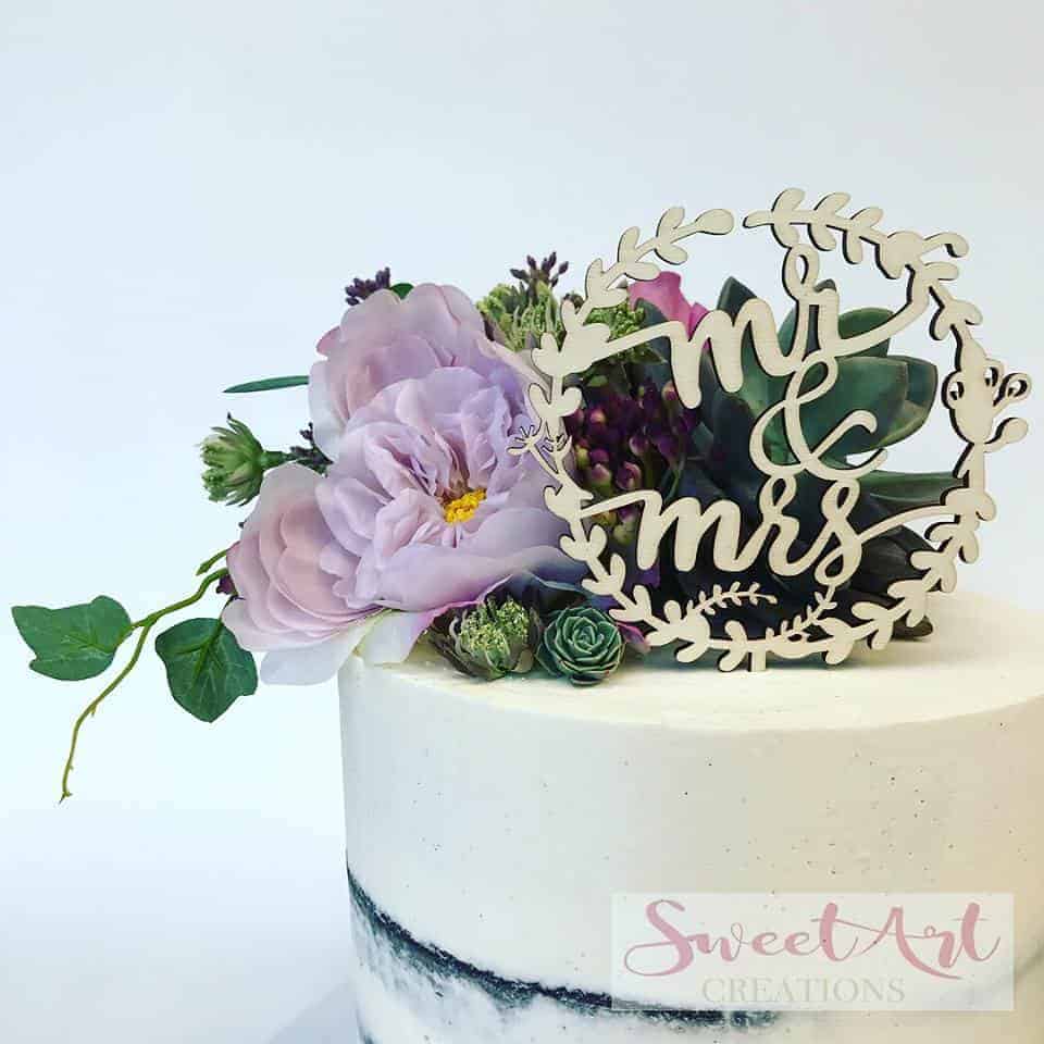 Mr & Mrs Flower Halo Rustic Wood Wedding Cake Topper