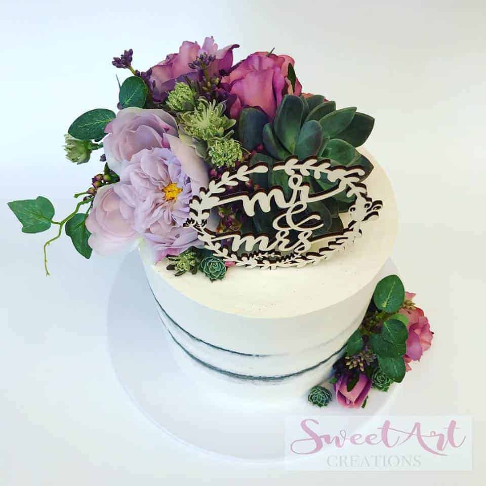 Mr & Mrs Flower Halo Rustic Wood Wedding Cake Topper