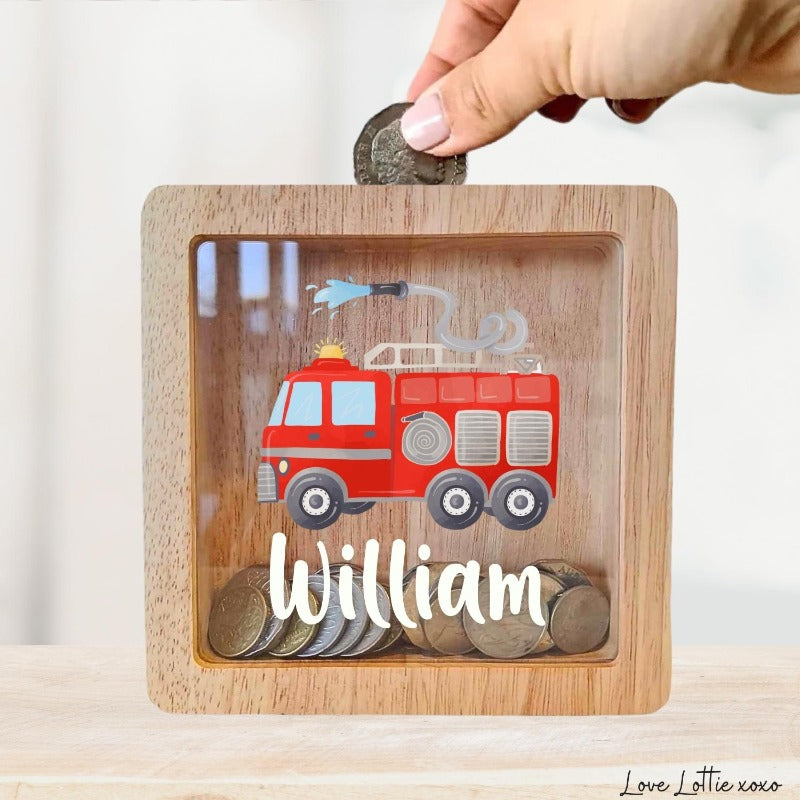 Personalised Money Box Gift - Printed Design with Custom Name - Custom Baby Gift - Fire Truck