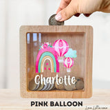 Personalised Money Box Gift - Printed Design with Custom Name - Custom Baby Gift - Pink Balloon