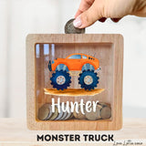 Personalised Money Box Gift - Printed Design with Custom Name - Custom Baby Gift - Monster Truck