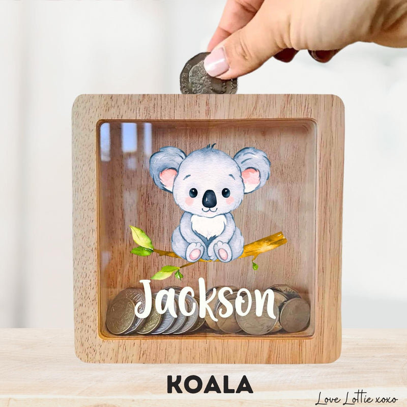 Personalised Money Box Gift - Printed Design with Custom Name - Custom Baby Gift -Jungle Animals
