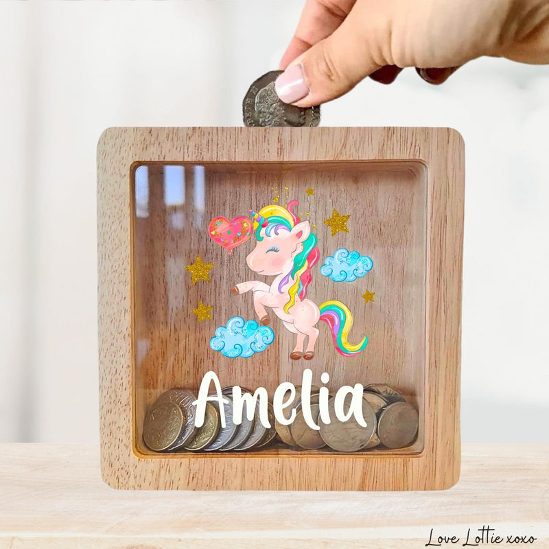 Personalised Money Box Gift - Printed Design with Custom Name - Custom Baby Gift - Unicorn