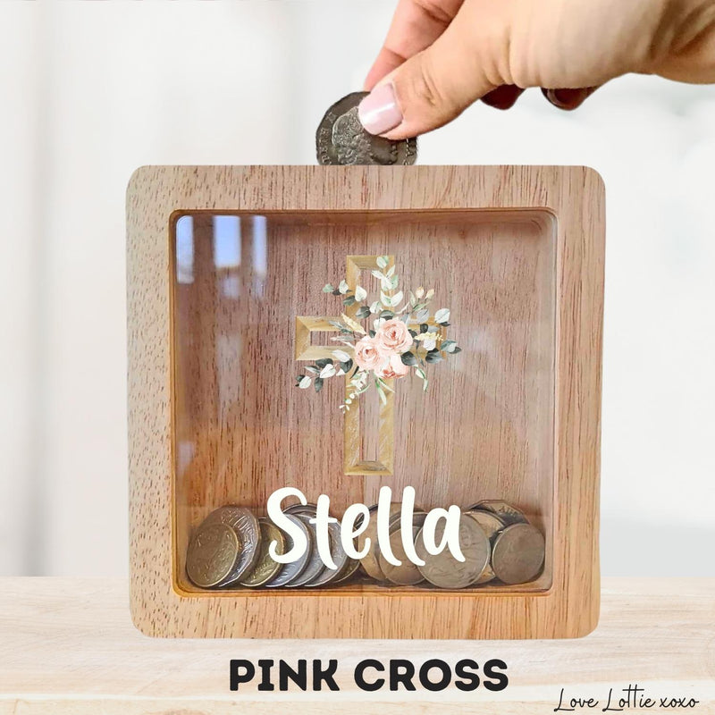 Personalised Money Box Gift - Printed Design with Custom Name - Custom Baby Gift - Pink Cross