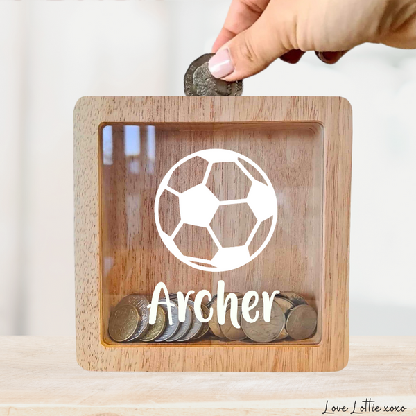 Personalised Money Box Gift - Soccer Football Design with Custom Name - Custom Baby Gift