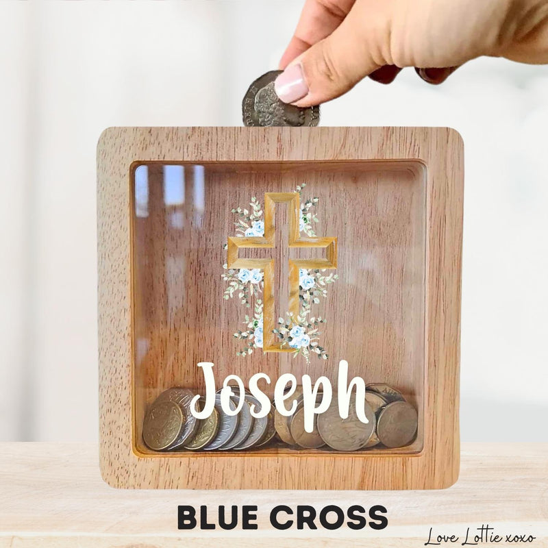 Personalised Money Box Gift - Printed Design with Custom Name - Custom Baby Gift - Blue Cross