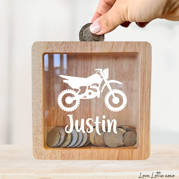 Personalised Money Box Gift - Motor Bike Design with Custom Name - Custom Baby Gift
