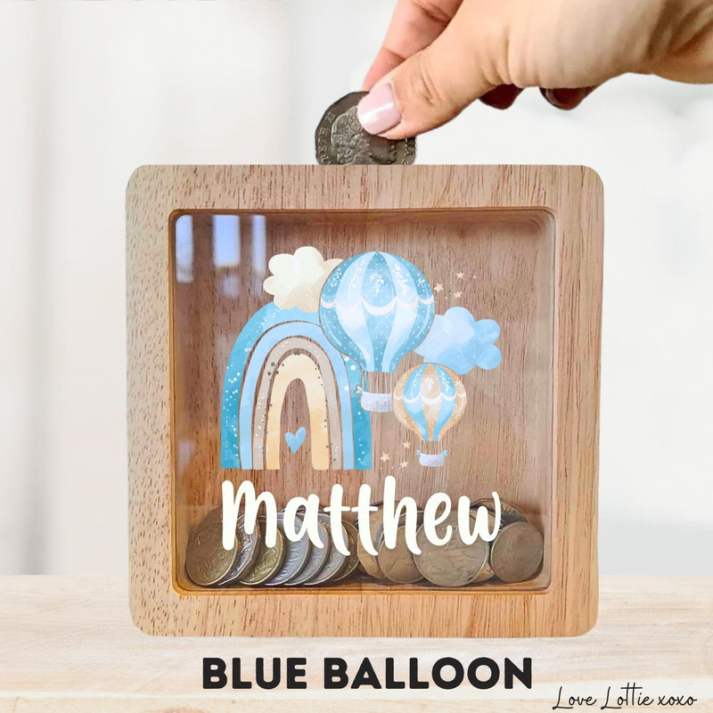 Personalised Money Box Gift - Printed Design with Custom Name - Custom Baby Gift - Blue Cross