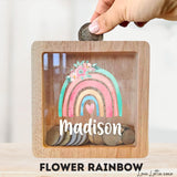 Personalised Money Box Gift - Printed Design with Custom Name - Custom Baby Gift - Sunflower Rainbow
