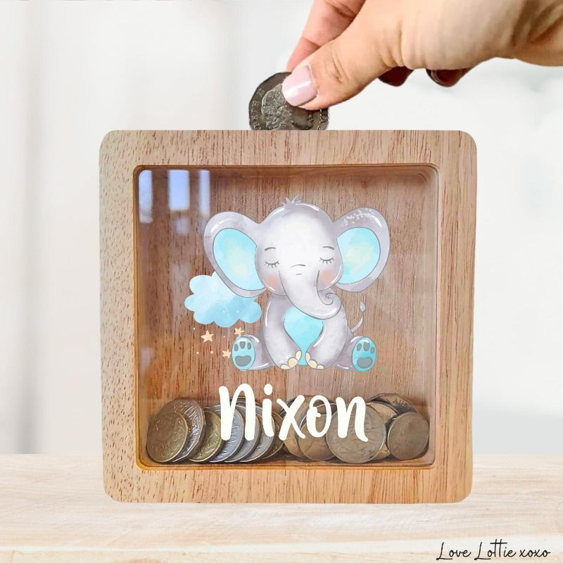 Personalised Money Box Gift - Printed Design with Custom Name - Custom Baby Gift - Blue Elephant