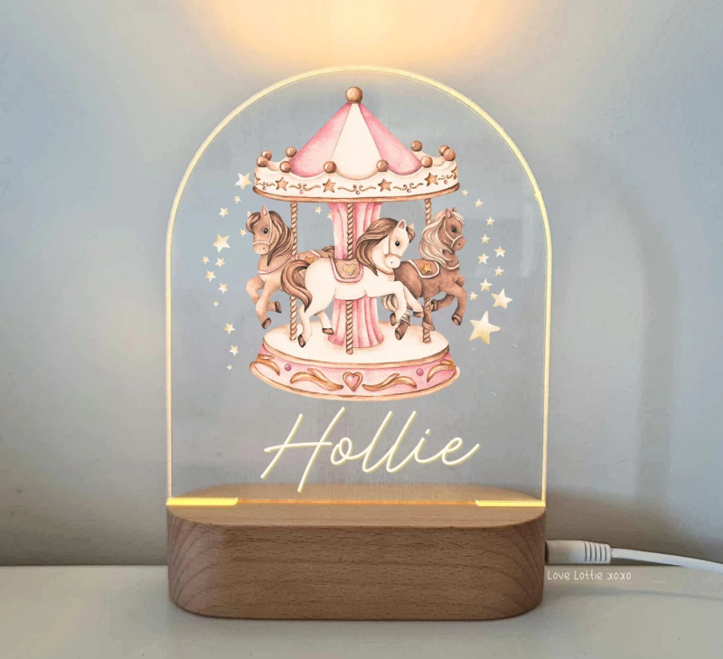 Personalised Gifts Night Light for Kids - Printed Pink Carousel