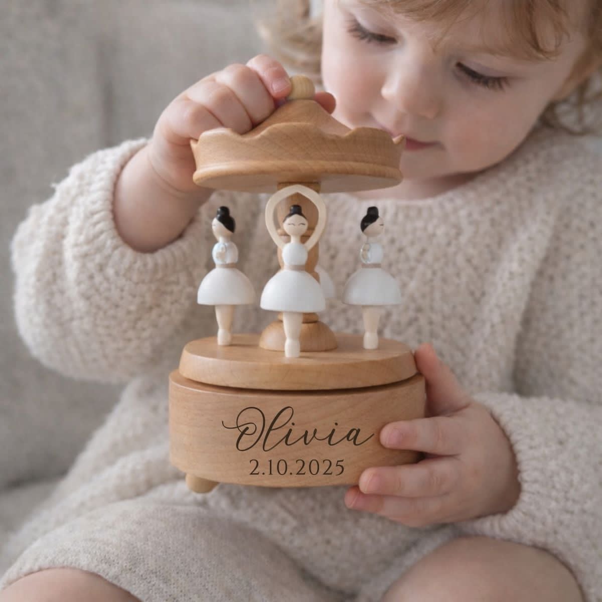 Baptism Christening Gift Carousel Wooden Music Box